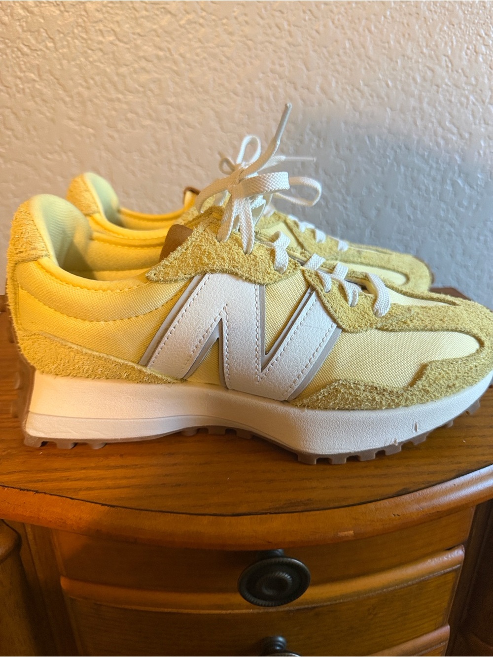 New Balance Pale Yellow & White Suede Mesh Sneakers